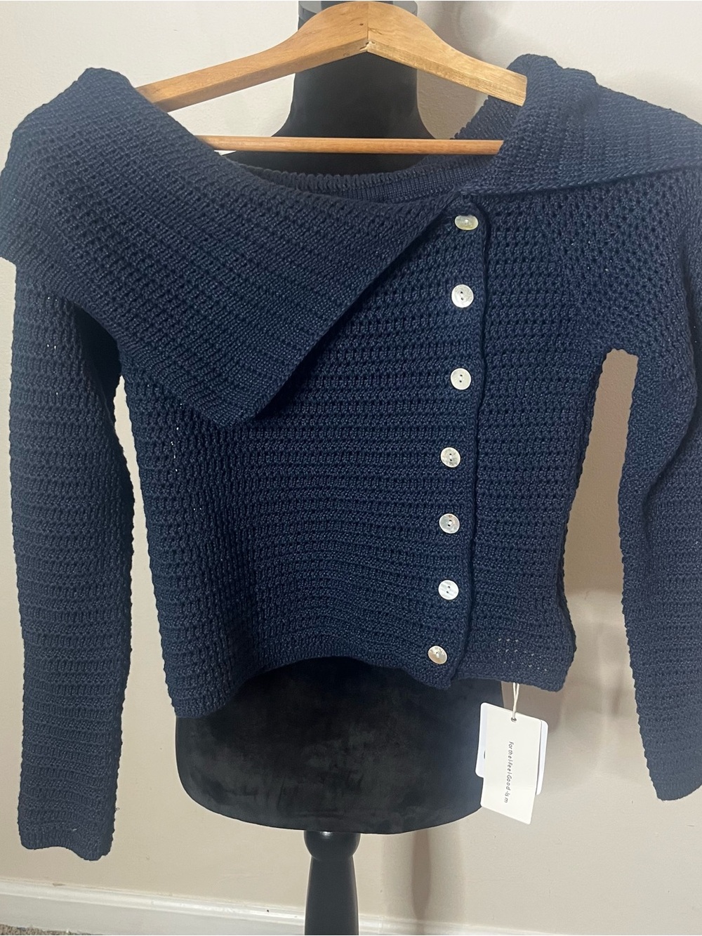 Commense Navy Off-the-Shoulder Diagonal Button Folded Collar Knit Sweater S~NWT - Picture 8 of 12